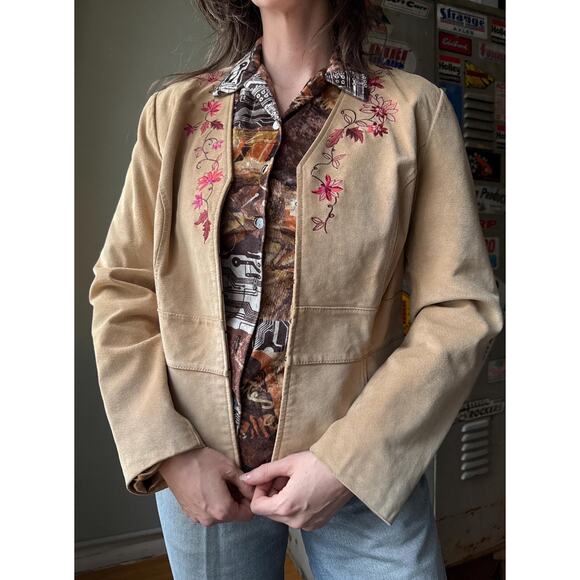 Vintage Y2K Suede Jacket | Wine Floral Embroidery | Khaki Leather | Size L - Picture 2 of 11